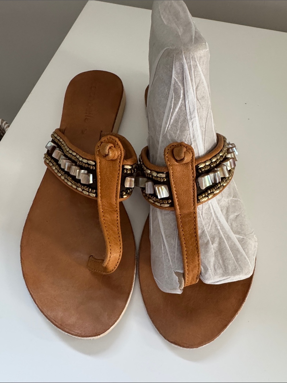 Coconelle Women’s Brown Beaded Thong Sandals with Embellished Strap leather.
